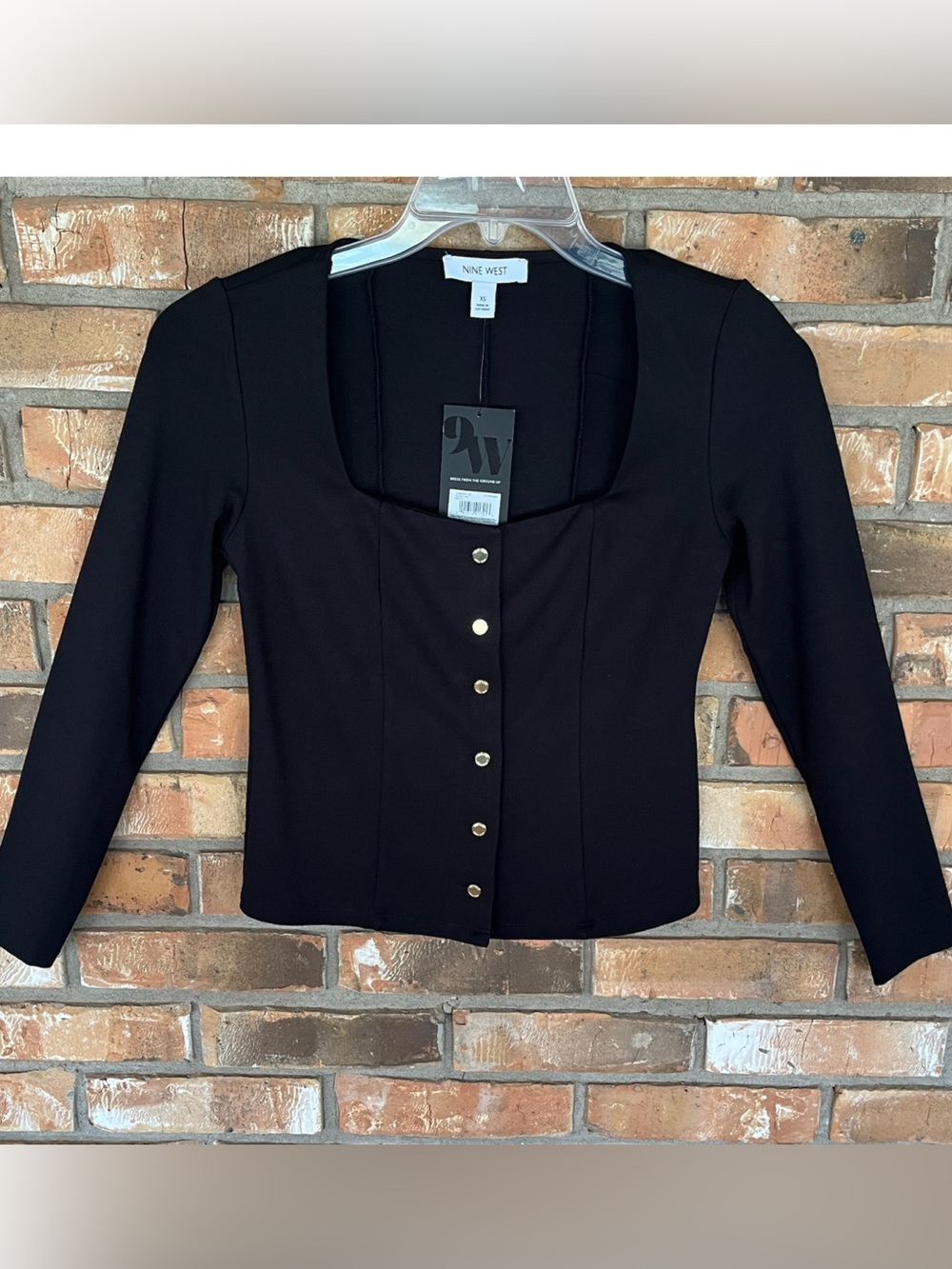 Nine West Black Square Neck Button Front Top Gold Buttons XS NWT